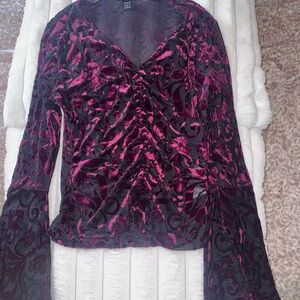 SHEIN Velvet Floral Blouse - Deep Pink and Black